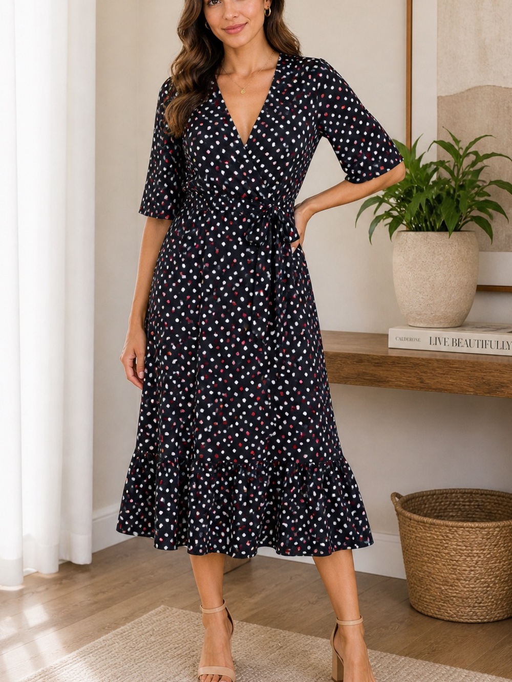 ZARA- Navy Polka Dot Wrap Midi Dress Size: XS - Picture 1 of 15